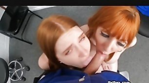Redhead teen milf duo sucking mall cops cock