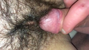 Rubbing my cock on wifes hairy pussy