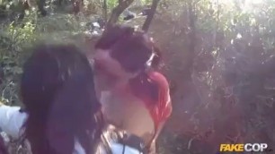Bad Lands Threesome Sex With Two Big Pairs Of Tits Outdoor Blowjob Fakecop Fucking Pussy